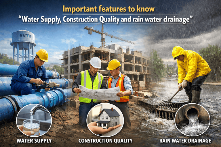 Important features to know “Water Supply, Construction Quality and rain water drainage”